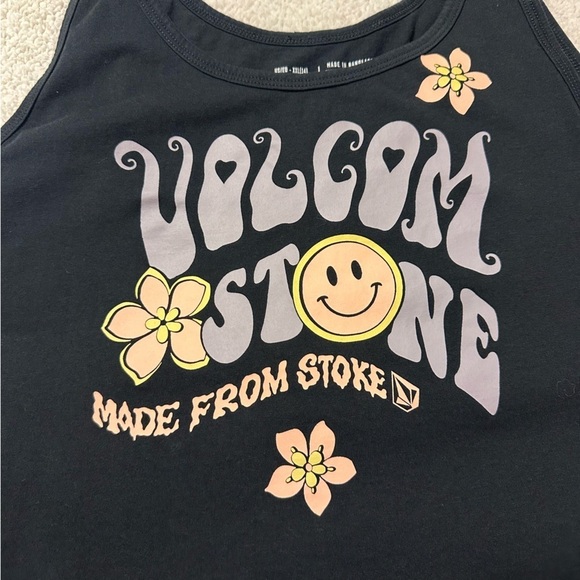 Volcom Black “To The Bank Tank” Top Black Organic Cotton Smiley Flowers - Picture 6 of 9